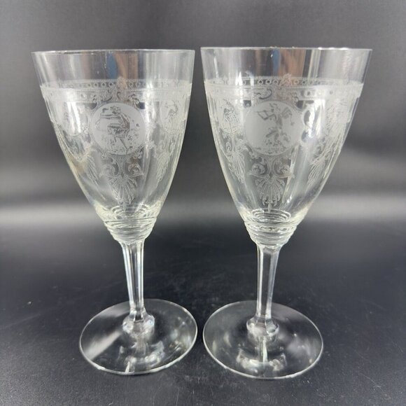 Heisey Pied Piper Etched Crystal Water Goblet Delicate Stemware Glasses Set 2 - Picture 9 of 10